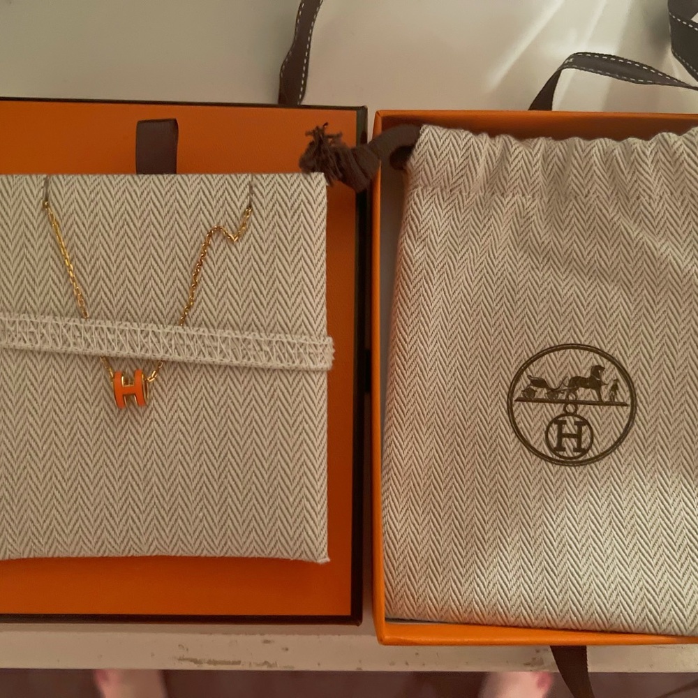 brand new Hermes Orange Dragee mini pop H pendant necklace with dust bag and box